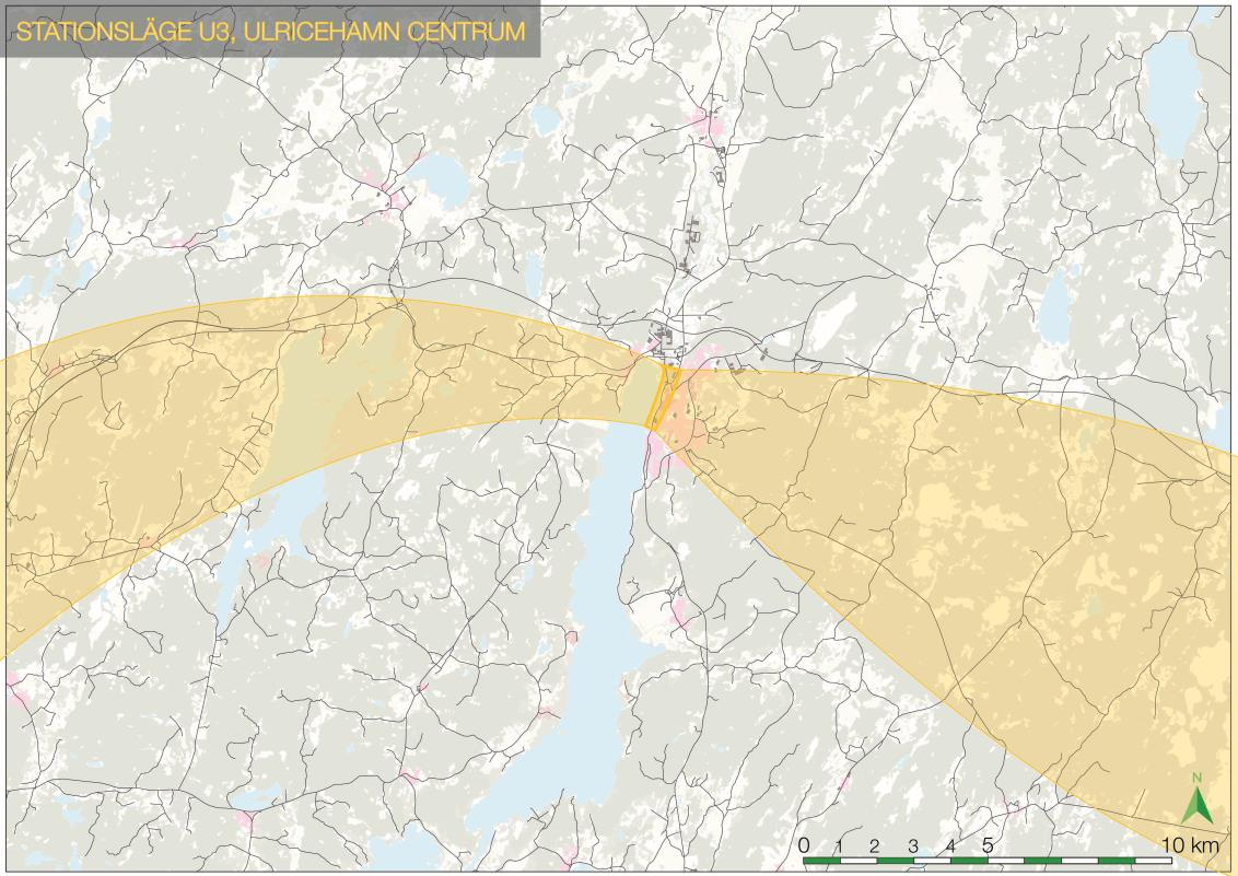 Princip stationsläge U3, Ulricehamn C I princip U3 skapas ett nytt stationsläge i centrala Ulricehamn längs Åsundens östra strand åtföljt av en bro över Åsunden.