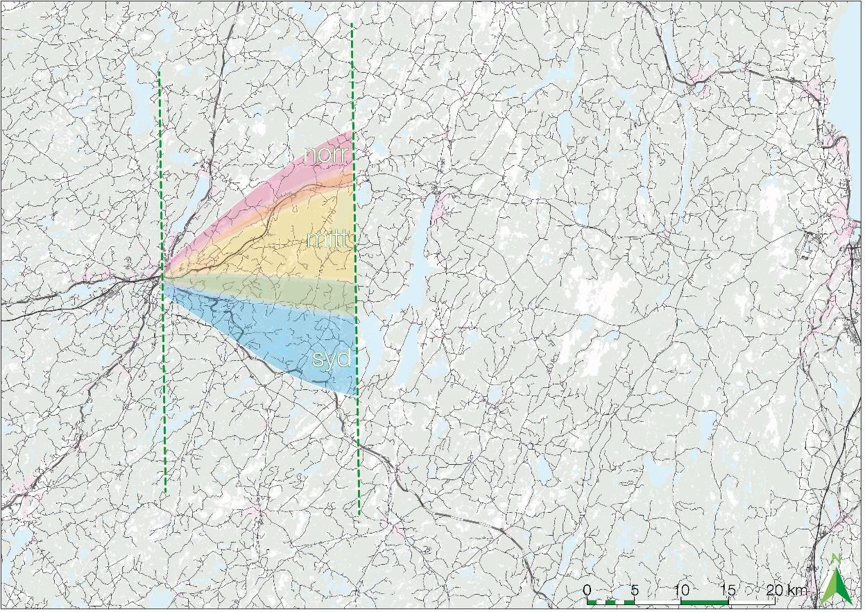 8.5 Funktionsområde 5 8.5.1 Identifierade principfunktioner Stationsläge i Borås Eventuell depå för regionala höghastighetståg öster om station Borås Figur 62 Funktionsområde 5, med delområden nord, mitt och syd 8.