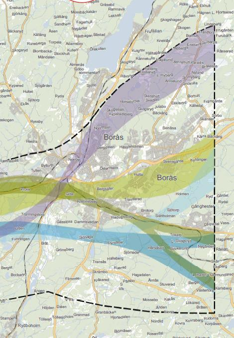 Figur 63 Alternativa stationslägen i Borås I nedanstående figurer visas de utredningskorridorer för ny höghastighetsstation i Borås som projekt