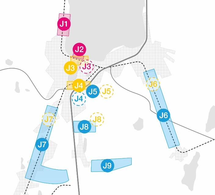 Jönköping Figur 71 Alternativa stationslägen i Jönköping. Färgerna på stationerna står för vilken beräkningslinje stationen kan kopplas samman med, se fig. 67.