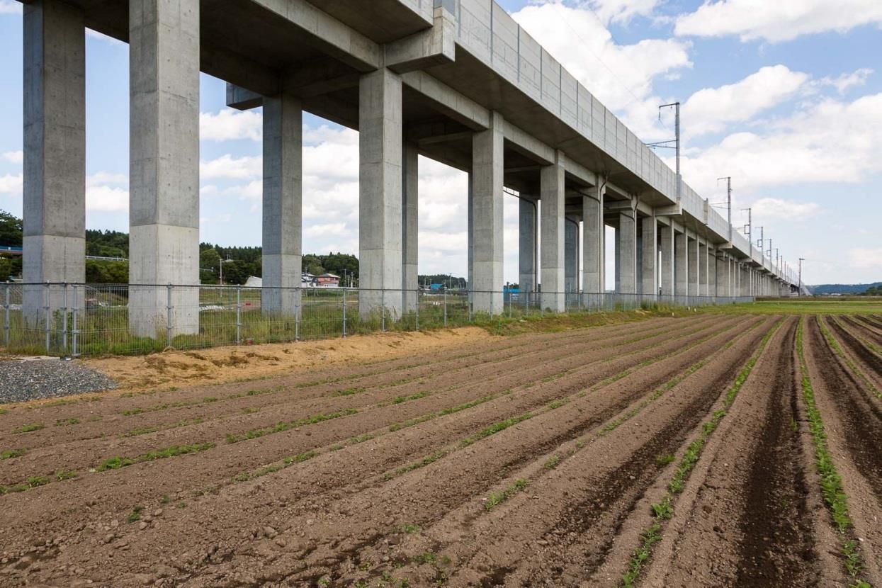 Figur 26 Principsektioner på hög och låg viadukt med olika spännvidder. Beroende på förutsättningarna i undergrunden anläggs viadukter på pålar eller på fundament på fast mark.