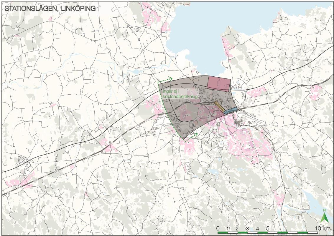 Figur 33 Illustration av tre alternativa stationslägen i Linköping, med utfart västerut från staden. 8.1.