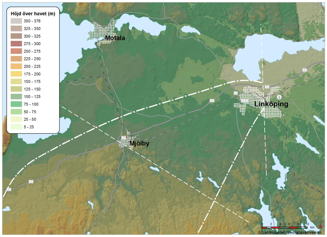 Figur 34 landskapets topografi inom funktionsområde 1 De nyckelfaktorer som utifrån den översiktliga landskapskaraktärsanalysen har urskilts för Slättlandskapet - Östgötaslätten Västanstång är: Den