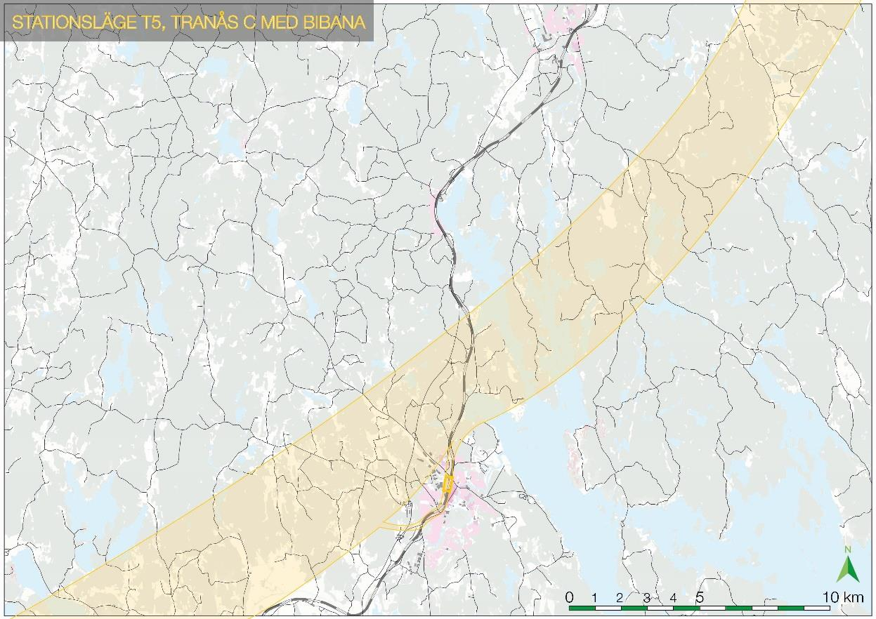 Princip stationsläge T5, Tranås C med bibana I stationsläge T5 passerar höghastighetsjärnvägen strax norr om Tranås. I höjd med Södra Stambanan viker en bibana av.