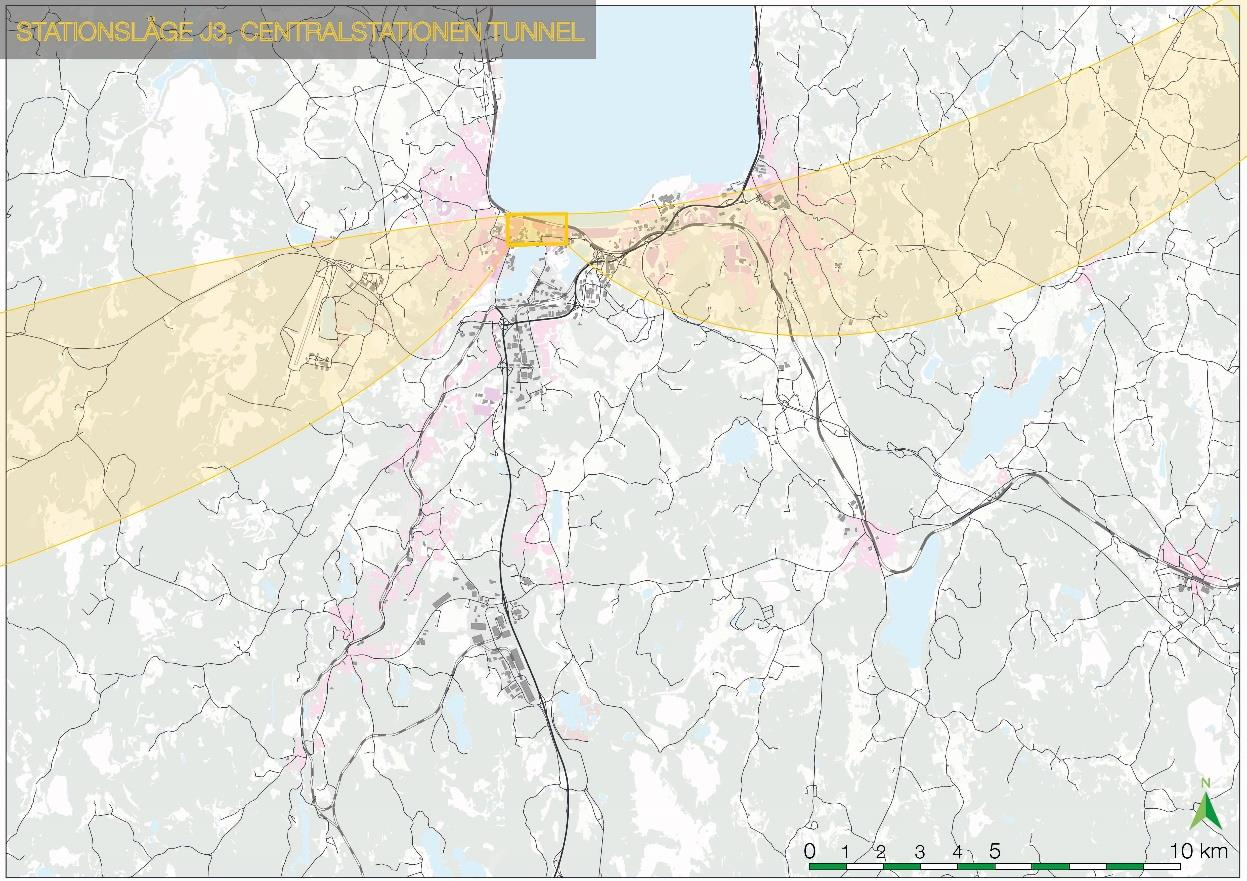 Princip stationsläge J3, Centralstationen tunnel Principen för stationsalternativet är att lägga den nya höghastighetsstationen i en tunnel i nära anslutning till Jönköping C under centrala Jönköping.