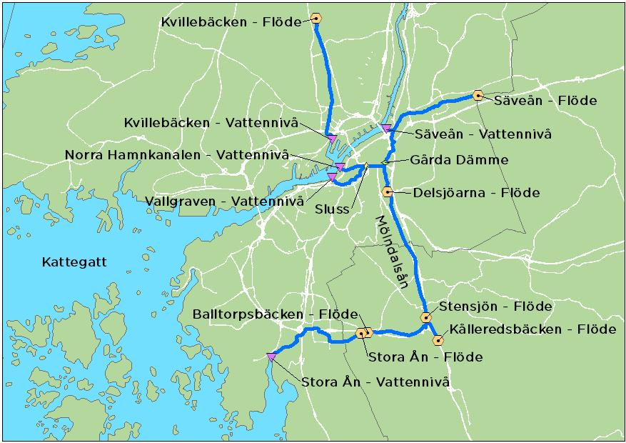 Användarvägledning för Hydromodellen 13 av 18 Figur 12 Översikt av vattendragsmodellen i MIKE 11 Boundary Description Boun dary Type Bransch Name Chainage Start Open Inflow Molndalsan 33050