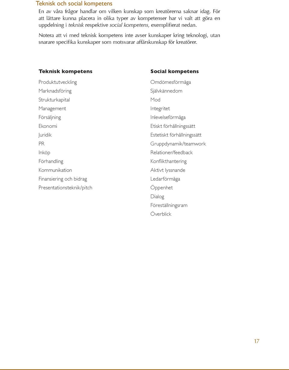 Notera att vi med teknisk kompetens inte avser kunskaper kring teknologi, utan snarare specifika kunskaper som motsvarar affärskunskap för kreatörer.