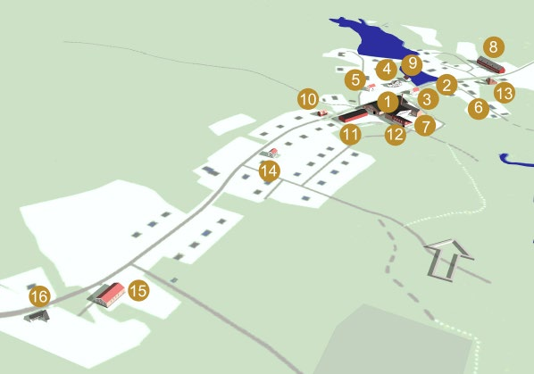 N Karta över Åfors: 1. Hyttan 2. Lyckebyån 3. Fina stugan 4. Disponentvillan 5. Arbetarbostaden 6. Potatisgatan 7. Sliperiet och måleriet 8. Ladugården 9. Mjölkboden 10. Brukshandeln 11.