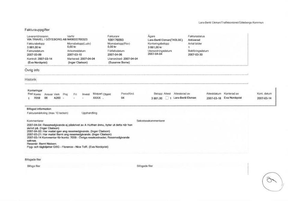 Utanordningsdatum 2007-04-04 Fakturastatus Arkiverad Antal bilder 1 Bokföringsdatum 2007-03-30 Övrig inta Historik i ' Konteringar Rad Konto 1 7059 Ansvar Verk Proj 06 A200 - Fri lnvest Motpart