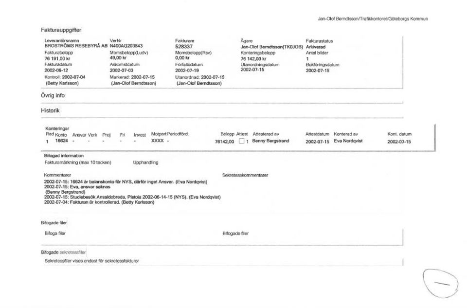 Bemdtsson(TKOJOB) Konteringsbelopp 76 142,00 kr Utanordningsdatum 2002-07-15 Fakturastatus Arkiverad Antal bilder 1 Bokföringsdatum 2002-07-15 Historik --- Konteringar Rad Konto Ansvar Verk Proj Fri