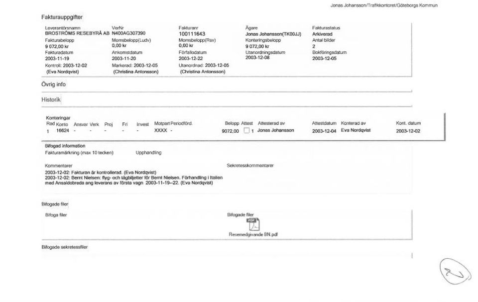 Utanordningsdatum 2003-12-08 Fakturastatus Arkiverad Antal bilder 2 Bokföringsdatum 2003-12-05 Övrig info Historikj Konteringar Rad Konto Ansvar Verk Proj Fri lnvest MotpartPeriodförd.
