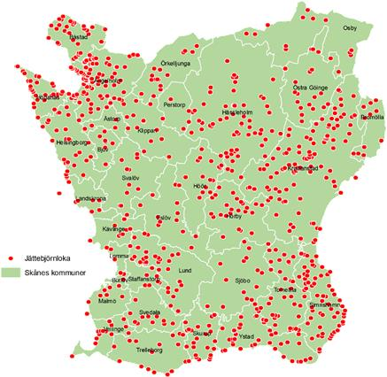 Figur 1. Figur över jättebjörnlokas utbredning i Skåne utifrån tidigare års inventeringsmaterial från Skånes flora (Jeanette Persson, GIS-samordnare länsstyrelsen Skåne län).