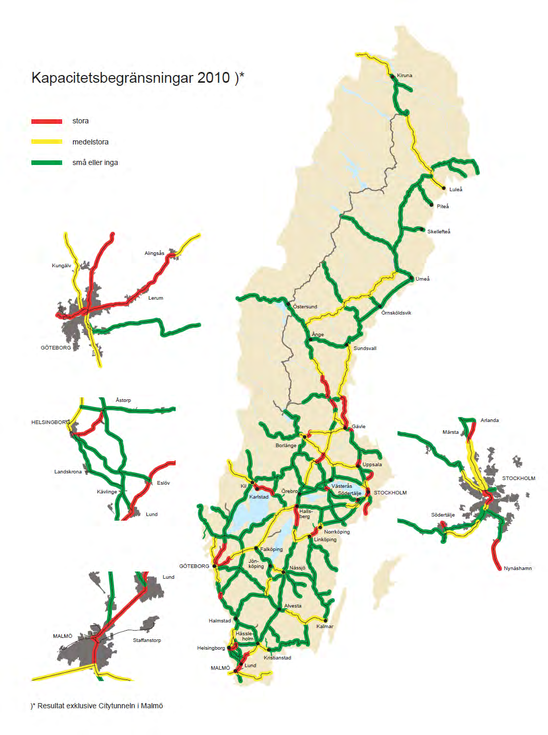 Bild 2.1: Kapacitetsbegränsningar i det svenska järnvägsnätet 2010 2.