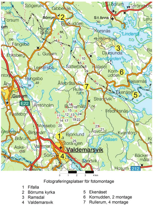 PM Landskapsbildspåverkan Figur 4. Fotograferingsplatser kring den planerade vindkraftetableringen som använts för framtagande av fotomontage.