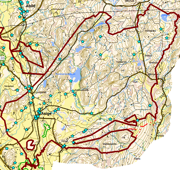 14 Asige är rikt på fornlämningar, bland annat de höga resta stenar som kallas Hagbards galge och treuddarna vid Öinge.