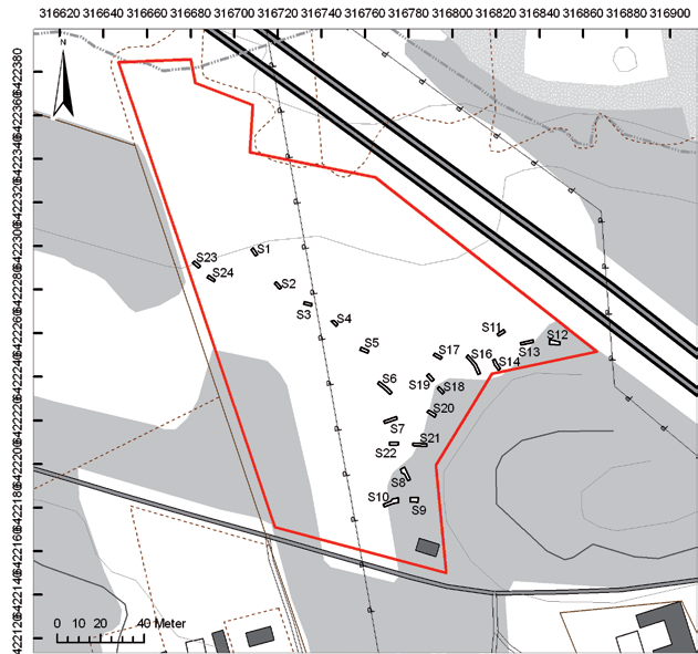 10 Bohusläns museum Rapport 2012:33 Figur 4. Plankarta över utredningsområdet och grävda schakt. Skala 1:2 000. Godkänd ur sekretessynpunkt för spridning. Lantmäteriet 2012-02-10. Dnr 601-2012/722.