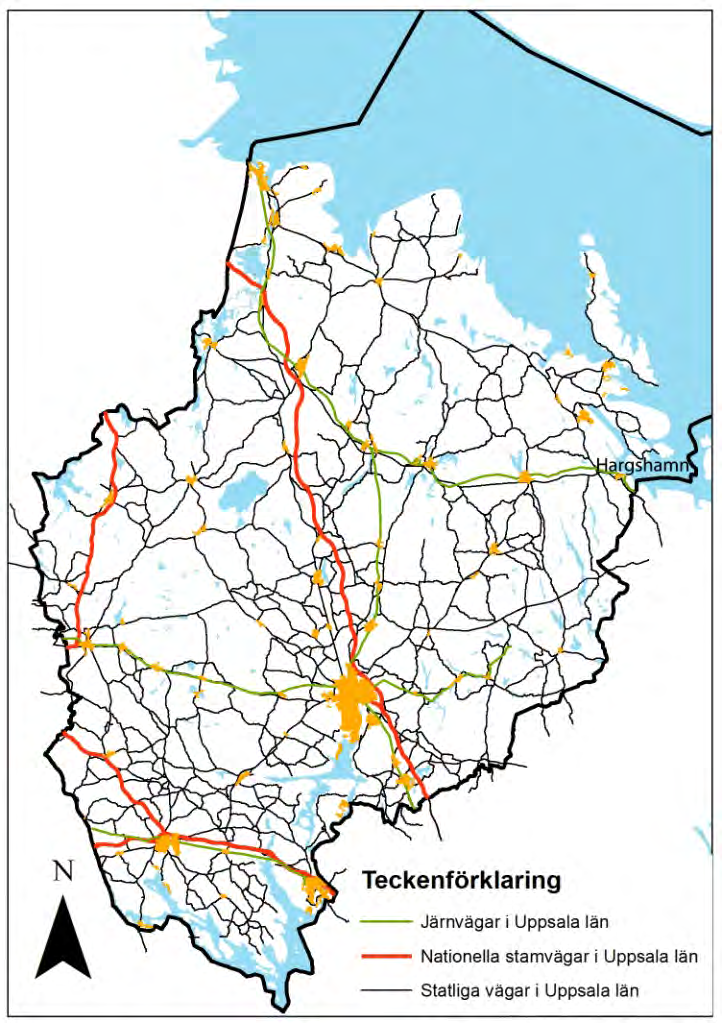 LÄNSPLAN FÖR REGIONAL TRANSPORTINFRASTRUKTUR I UPPSALA LÄN 2014 2025 15. Nulägesbeskrivning I figur 15.1 visas den statliga transportinfrastrukturen i Uppsala län.