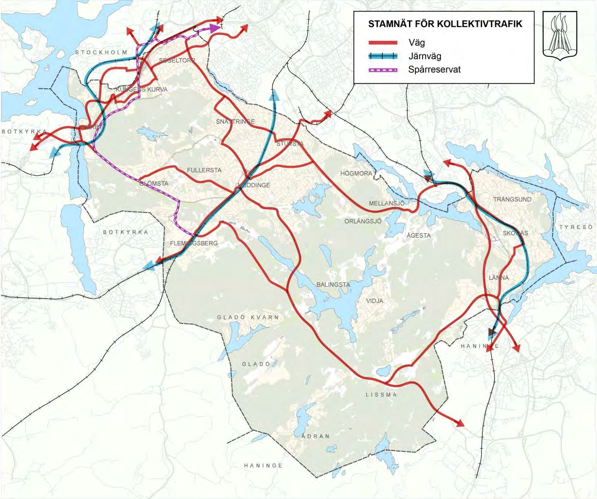 3. Stamnätet 2012 3.1STAMNÄT FÖR KOLLEKTIVTRAFIK Figur 5 visar Huddinges stamnät för kollektivtrafik år 2012.