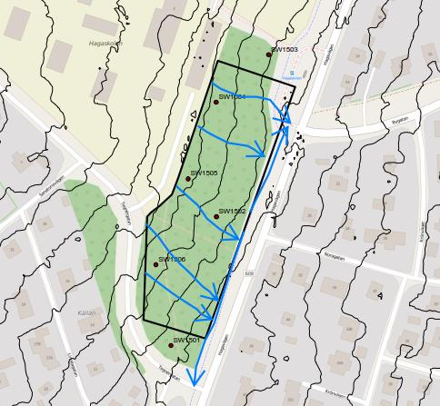Figur 2: Översikt över studieområdet (i grönt) och tillrinning mot Hagavägen (blå pilar). Borrpunkter visas i rött.