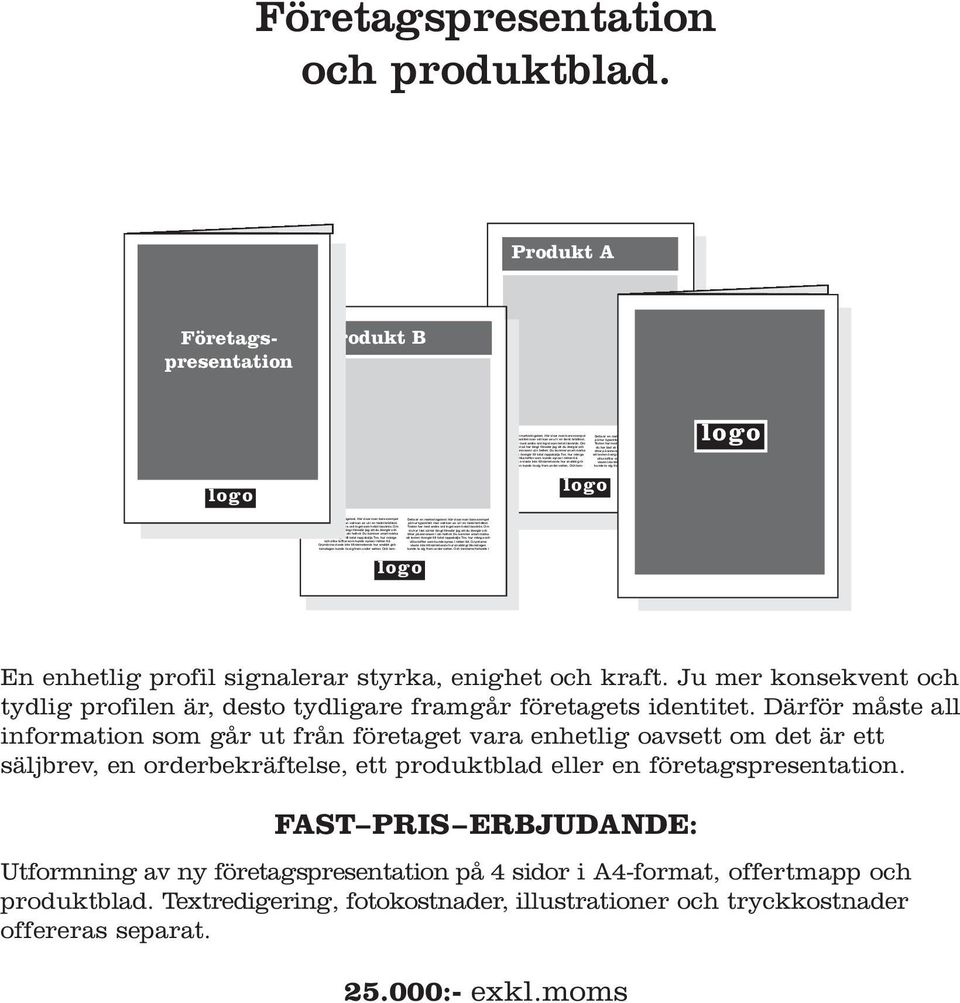 Produkt B A  Och tom- Företagspresentation Produkt B B En enhetlig profil signalerar styrka, enighet och kraft. Ju mer konsekvent och tydlig profilen är, desto tydligare framgår företagets identitet.