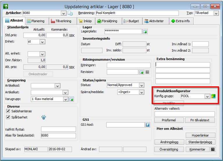 Steg 9 Nu ska Konfigurationsgruppen knytas ihop till den eller de artiklar som ska användas. Detta görs i rutin Uppdatering artiklar - Lager.