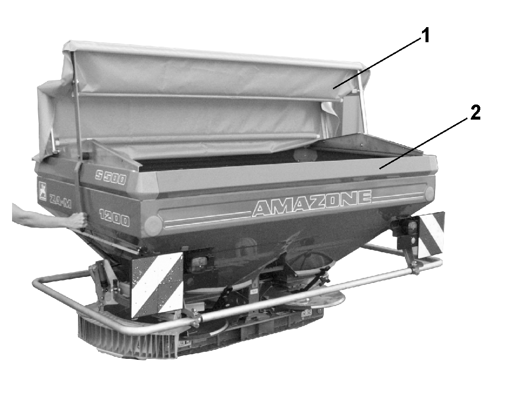 98 Extra utrustningar 11.3 Kapell XL Kapellet garanterar att gödseln håller sig torr i maskinen även vid arbete i regn eller fuktigt väder. Vid påfyllning fälls kapellet upp. (Fig. 64/1). Beställnr.