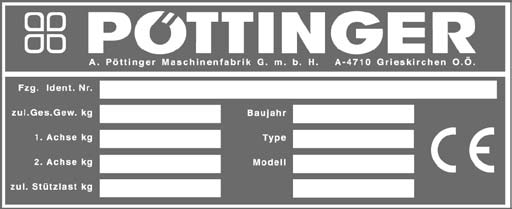 TEKNIKA DATA Typskyltens placering Maskinnumret (Masch.Nr. / Fgst.Ident.Nr.) är instansat på typskylten (se vidstående bild) och på ramen.