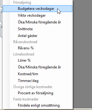 2 Budgeteringsvertyg Försäljning Budgetera veckodagar: Ett verktyg som gör det möjligt att sätta försäljning per veckodag och sen rulla ut över valfri period d.v.s. alla måndagar får samma försäljning, alla tisdagar får samma etc.