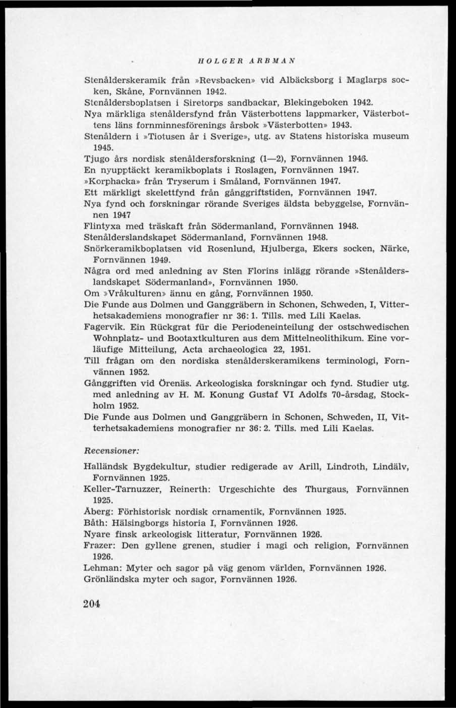 HOLGER ARBMAN Stenålderskeramik frän»revsbacken» vid Albäcksborg i Maglarps socken, Skåne, Fornvännen 1942. Stenåldersboplatsen i Siretorps sandbackar, Blekingeboken 1942.
