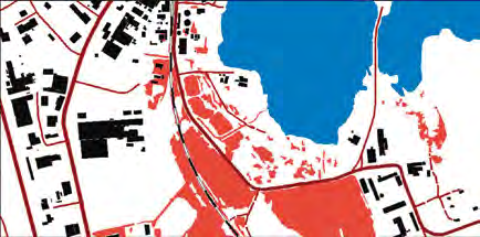 Översvämningskartering 91 Figur 20. Översvämningskarteringen kan visa potentiellt instängda områden (röda i figuren).