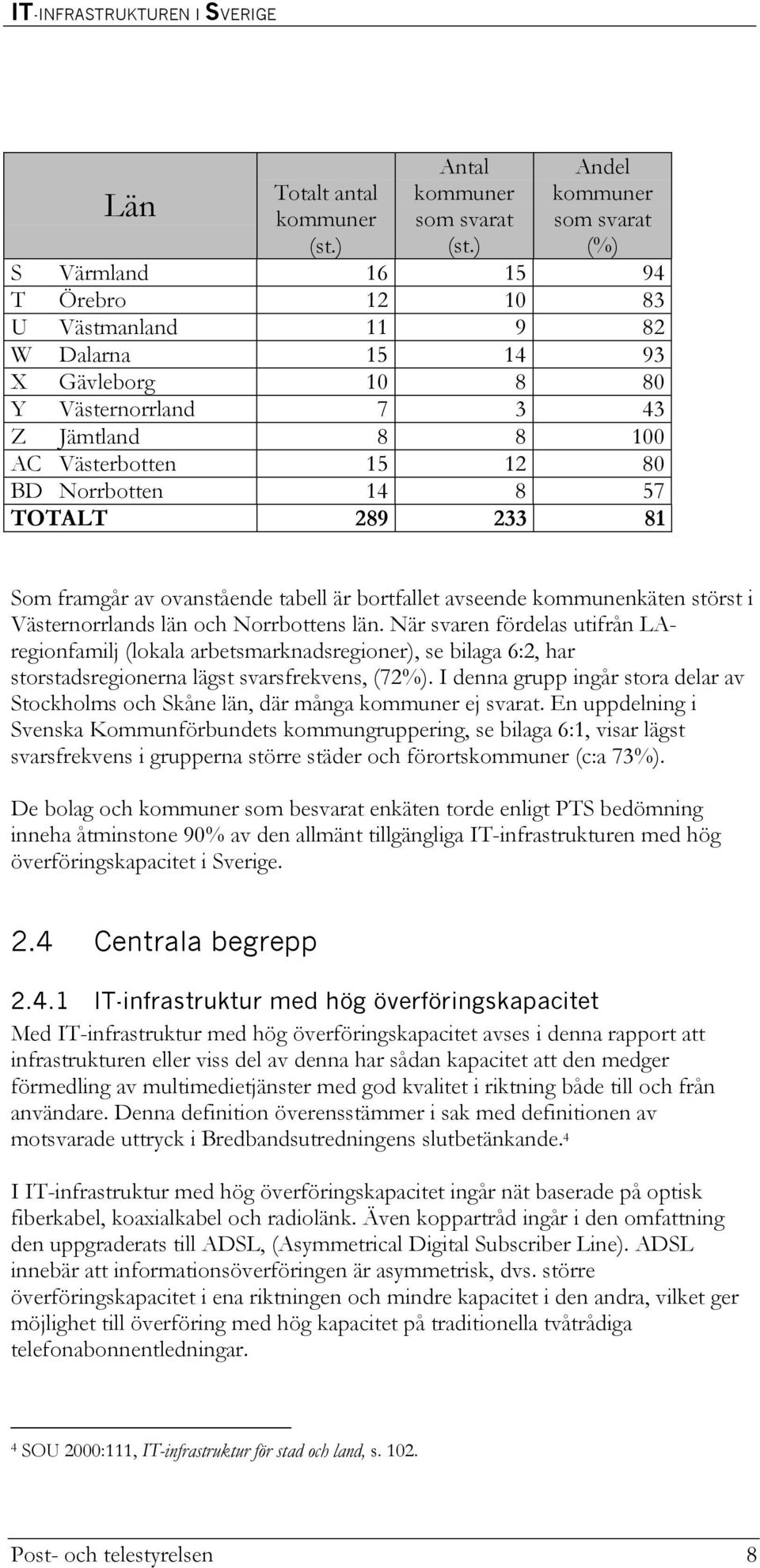 BD Norrbotten 14 8 57 TOTALT 289 233 81 Som framgår av ovanstående tabell är bortfallet avseende kommunenkäten störst i Västernorrlands län och Norrbottens län.