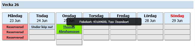 I kalendern som visas på kontrollpanelen ser ni tidsluckor: Tomma tidsluckor (i ljus grå färg) Reserverade (röda) Där ni själva reserverat tidsluckan. Bokade (gröna) Där någon köpt en produkt.