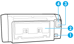 3 Utmatningsfack 4 Utmatningsfackets förlängningsdel 5 Inmatningsfack 6 Kontrollpanel 7 Kontrollpanelsdisplay 8 Bläckpatronslucka Område med förbrukningsmaterial 1 Skrivhuvud 2 Bläckpatroner Baksidan