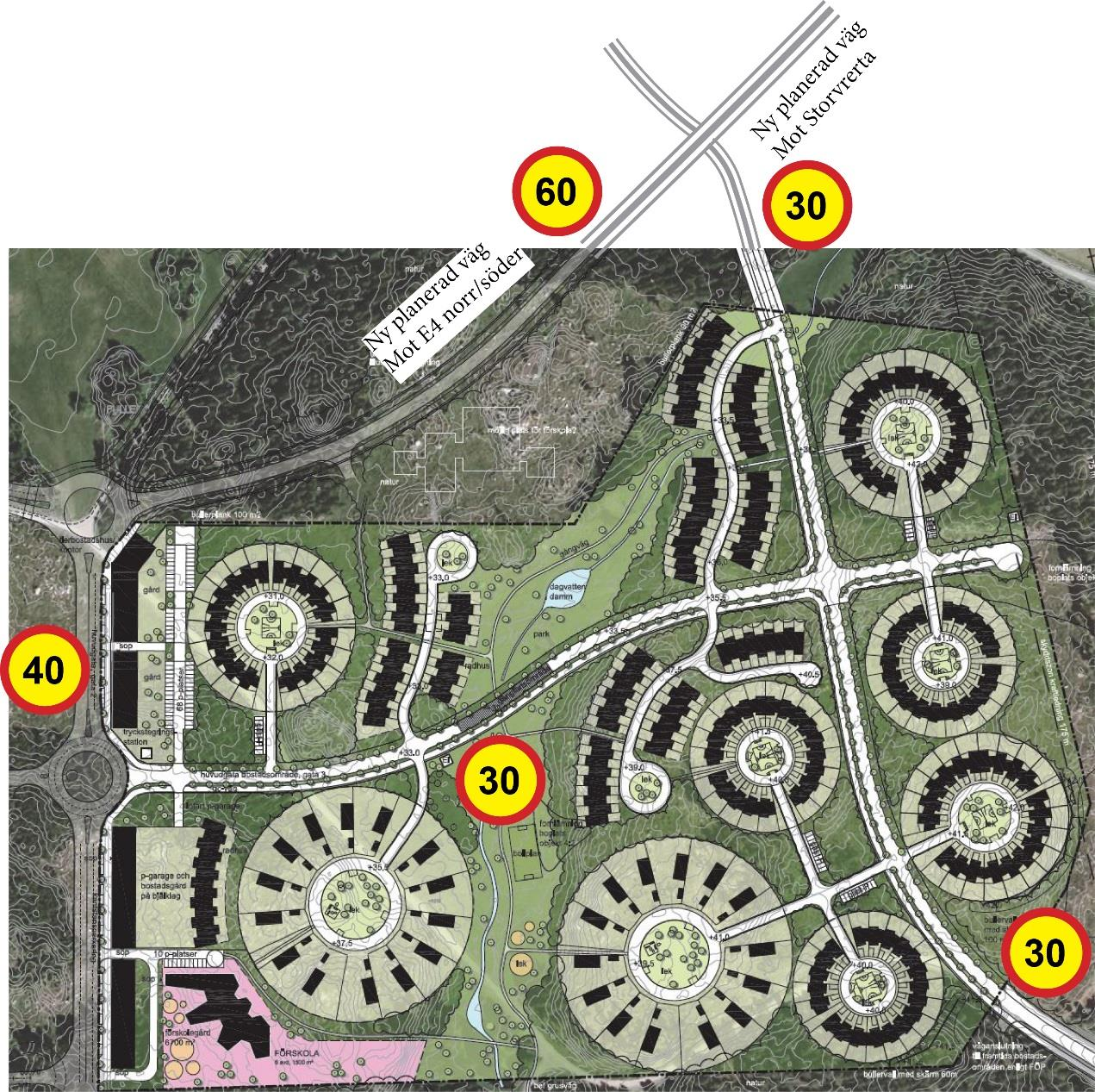 , 753 30 UPPSALA ANTAL BLAD: 25 BLAD NR: 19 Hastigheter Inom bostadsområdet föreslås 30 km/h. För den planerade vägen mellan Fullerö Park och bostadsområdet föreslås 40 km/h.