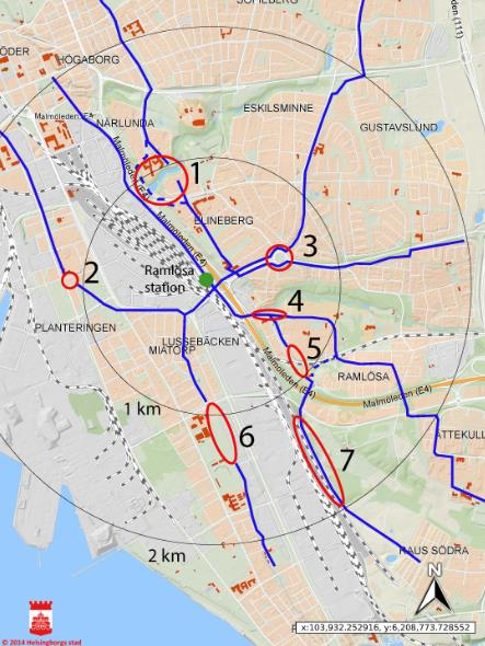 3.7.4 8 Objekt innefattas av stråk och parkering vid Ramlösa station. Dessa är: 1. Koppling genom Jordbodalen 0,2 km ny cykelbana på bro 2. Planteringen - Ramlösa station, 0,1 km ny cykelbana 3.