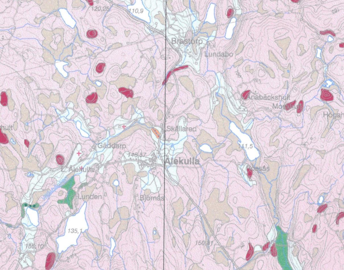 Älekulla vattentäkt Figur 3: Utsnitt ur den jordartsgeologiska kartan över området runt Älekulla. SGU 3.