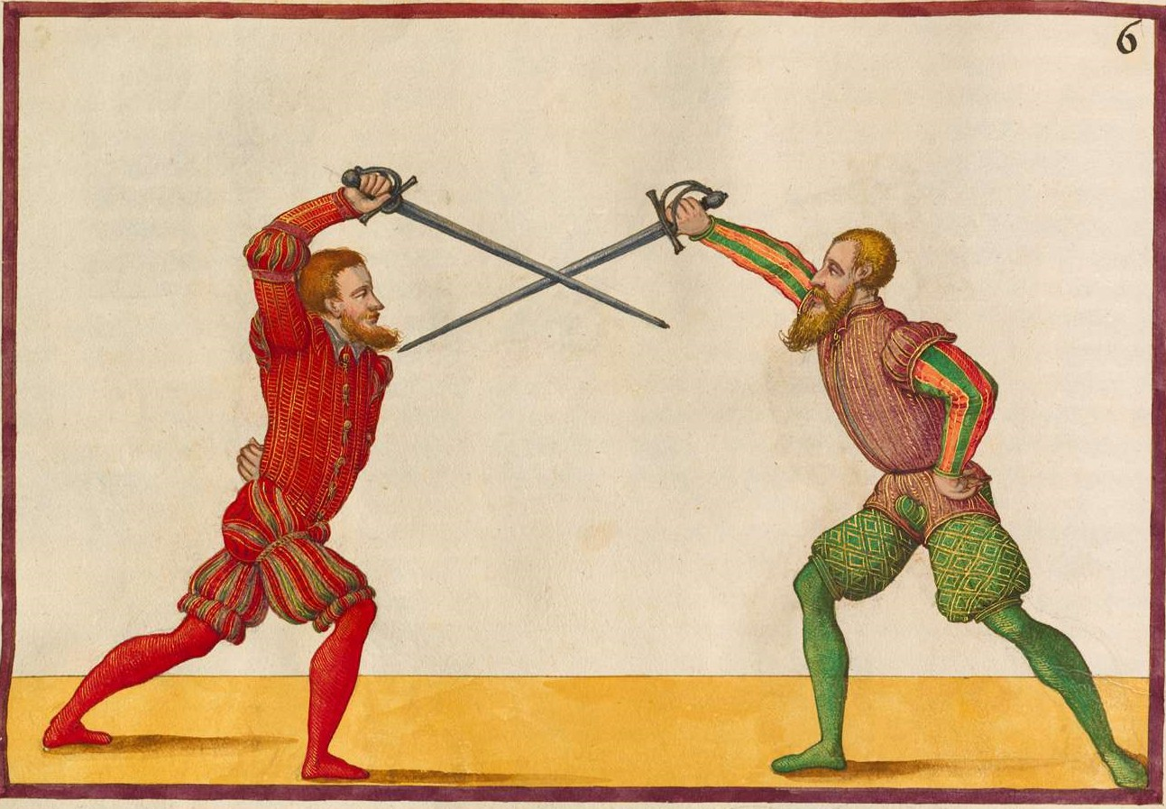 6. Två övre stötar mot varandra Så här gör du i detta stycke: ställ dig med höger fot fram och håll svärdet i högerhanden utsträckt över huvudet, med spetsen pekande mot motståndaren.