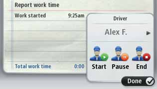 18. Rapportera arbetstid Rapportera arbetstid Du kan rapportera tiden när du börjar och slutar arbetet, samt den tid du tagit rast. För att göra det måste du först ange förarnamnet (seförar-id (44)).