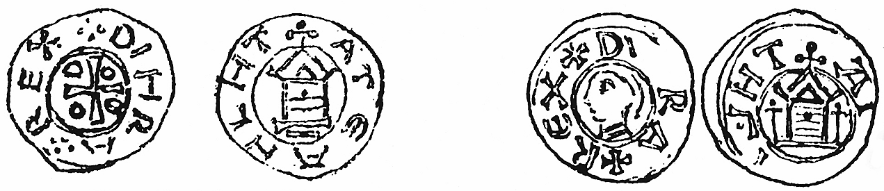 Fig. 5. Hz V (grupp 5) Hz V (fig. 5) har vanligtvis ett kors på åtsidan med bokstäverna O-D-O-A (i undantagsfall O-D-D-O) i korsets vinklar, men här förekommer även andra tecken och symboler.