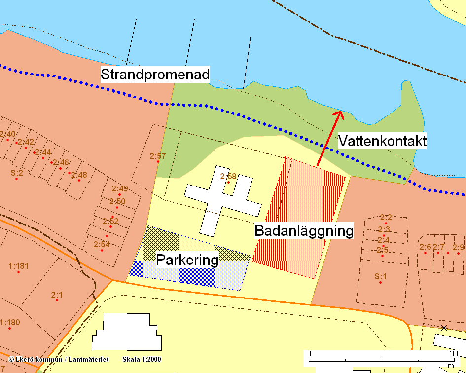 7(9) Området framför den planerade badanläggningen bör göras inbjudande med växtlighet, stenbeläggning m m.