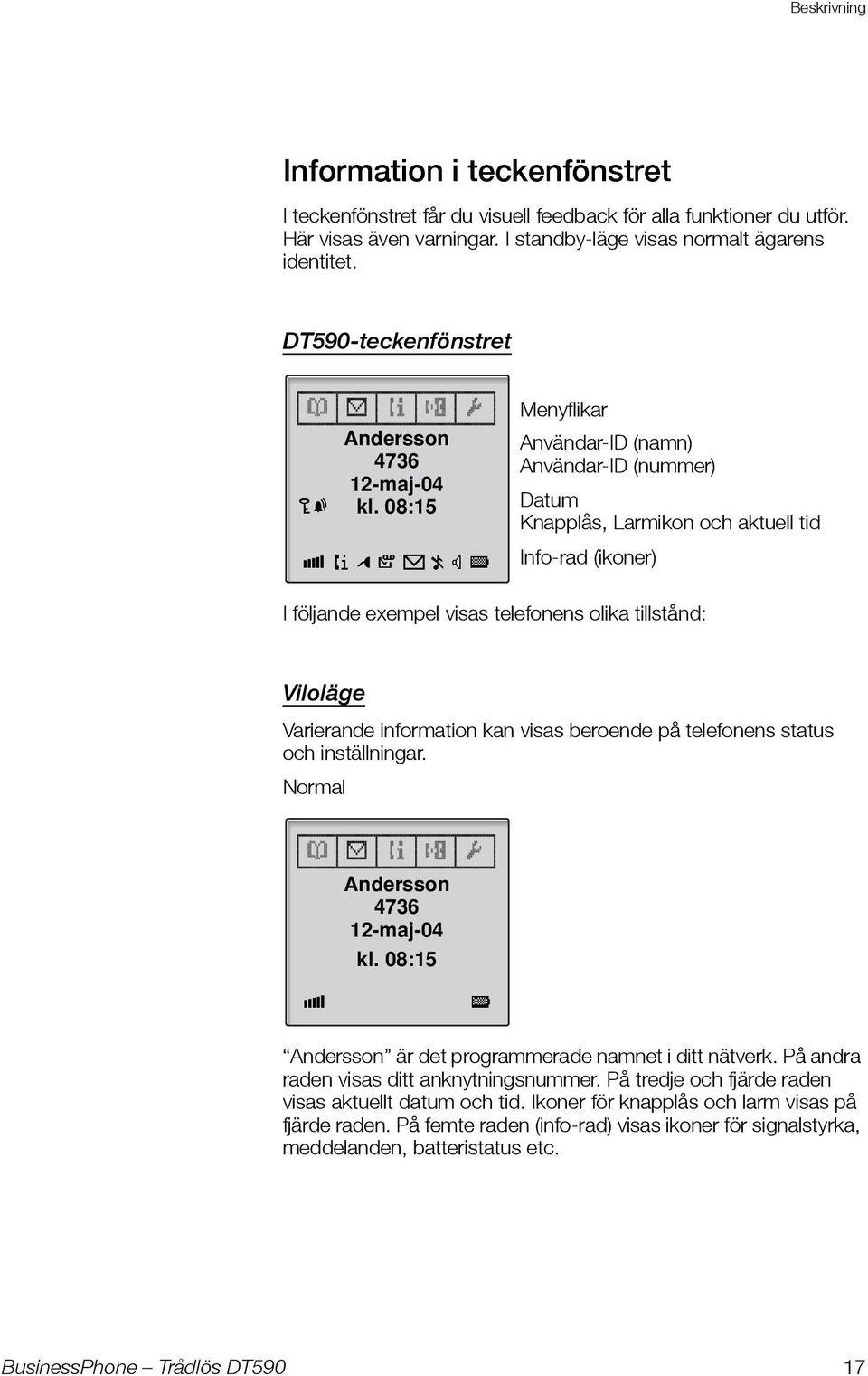 08:15 X3pm2nqt Menyflikar Användar-ID (namn) Användar-ID (nummer) Datum Knapplås, Larmikon och aktuell tid Info-rad (ikoner) I följande exempel visas telefonens olika tillstånd: Viloläge Varierande