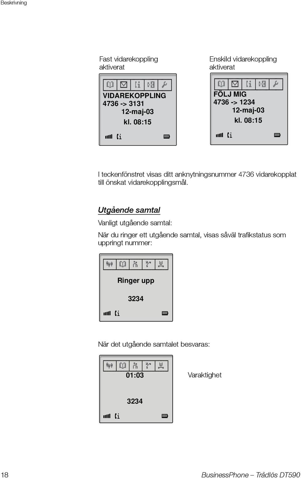 08:15 X3 t I teckenfönstret visas ditt anknytningsnummer 4736 vidarekopplat till önskat vidarekopplingsmål.