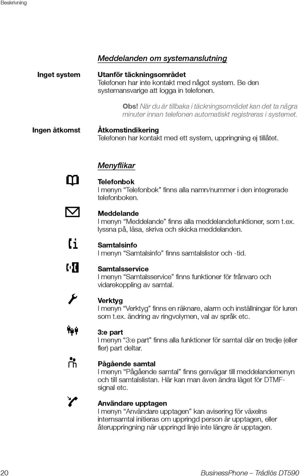 Ingen åtkomst Åtkomstindikering Telefonen har kontakt med ett system, uppringning ej tillåtet. Menyflikar 1 Telefonbok I menyn Telefonbok finns alla namn/nummer i den integrerade telefonboken.