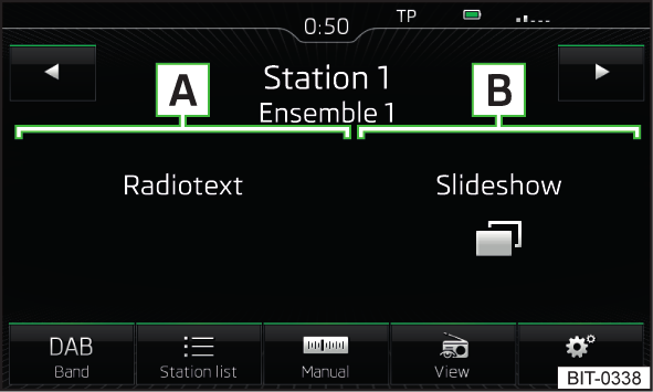 Radiotext och DAB-bildpresentation Läs och beakta först på sidan 17. Bild 8 Stationsinformation Radiomottagningen DAB möjliggör överföring av flera stationer på en frekvens i en grupp (ensemble).