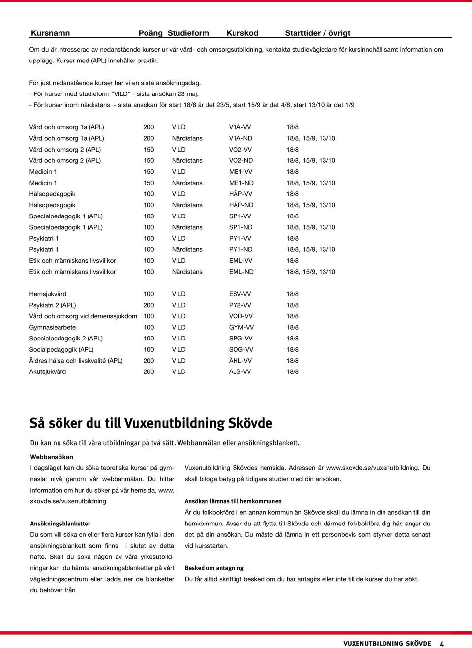 - För kurser inom närdistans - sista ansökan för start 18/8 är det 23/5, start 15/9 är det 4/8, start 13/10 är det 1/9 Vård och omsorg 1a (APL) 200 VILD V1A-VV 18/8 Vård och omsorg 1a (APL) 200