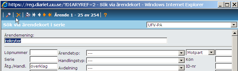 nyaste överst (t.ex. UFV-PA 2010/1298, UFV-PA 2009/1298 osv.). För att begränsa sökningen till bara det år man är intresserad av måste man under Serie fylla i årtalet, dvs.