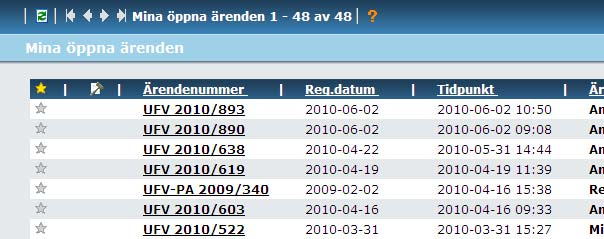 Bevakningsdatum och Öppna ärenden De följande symbolerna i diariemenyn avser att handläggaren kan söka bland sina ärenden. Om man klickar på ser det ut så här.