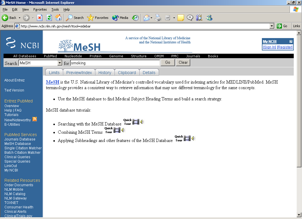 För att söka i MeSH-databasen För att nå MESH-termerna från PubMed går du in under MESH database