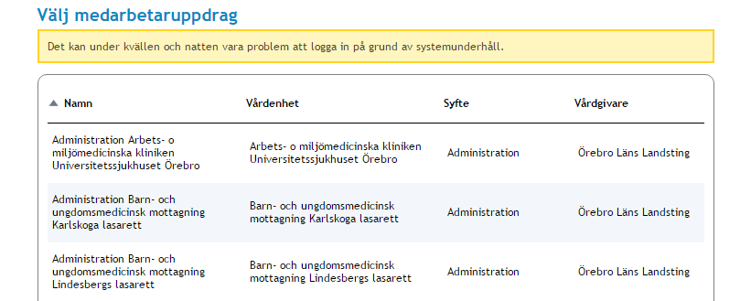 3.1.9 Driftinformation till användare Information om driftstörningar kan från IdP:n visas för användare högst upp på sidan för uppdragsval.