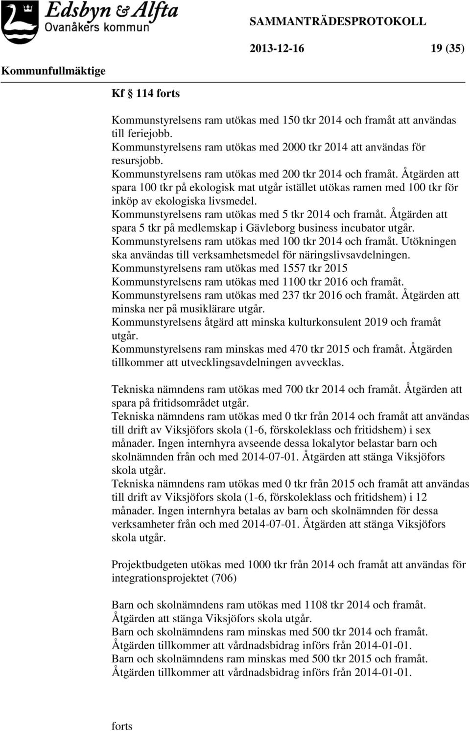 Kommunstyrelsens ram utökas med 5 tkr 2014 och framåt. Åtgärden att spara 5 tkr på medlemskap i Gävleborg business incubator utgår. Kommunstyrelsens ram utökas med 100 tkr 2014 och framåt.
